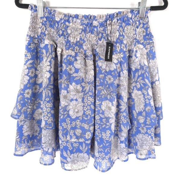 NWT EXPRESS Women’s Floral Mini Skirt Smocked‎ Ruffle Chiffon Layered MEDIUM - Picture 3 of 10